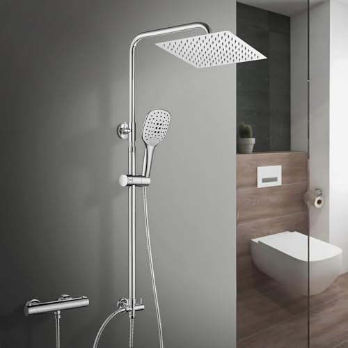 Görbach Regendusche Duschsystem ohne Armatur-Edelstahl Duschset mit Höheverstellbare Duschsäule 74-114cm, Variable Wandbefestigungen für Variabel zur Anpassung an Bestehende Bohrlöcher Chrom