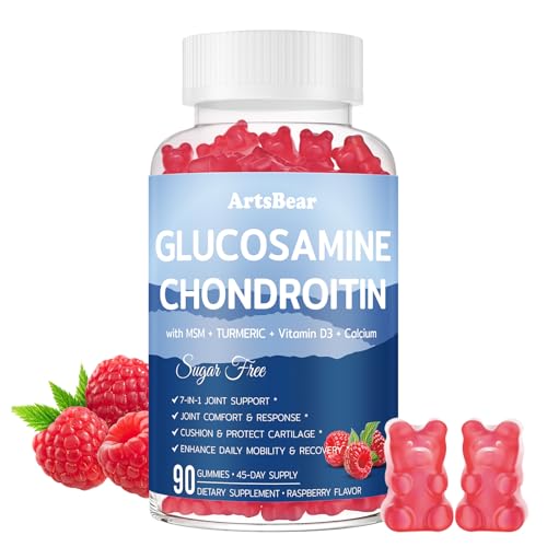 ArtsBear Glucosamine Chondroitin Gummies with MSM Turmeric Hyaluronic Acid & Vitamin D3-7-in-1 Joint Support Supplement for Comfort & Mobility - Sugar Free Vegan Raspberry Flavor - 90 Gummies