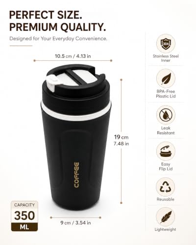 Image of Kitchivo Multipurpose Insulated Travel Mug - 350ml | Double Wall Stainless Steel Flask for Coffee, Tea & Milk | 100% Leak-Proof | Keeps Hot & Cold for Hours | Car Friendly (Black)