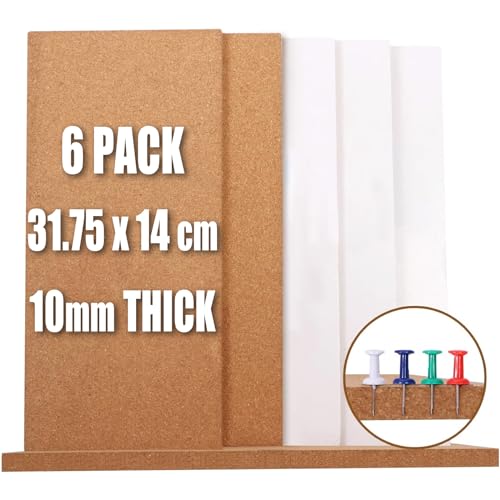6 Pack Cork Board Tiles Bulletin Boards Vision Pin Board, 31.75x14cm-10mm Thick DIY Message Notice Board, Self-Adhesive Cork Boards for Walls Decor, Home, Office, Classroom, Kitchen, UK