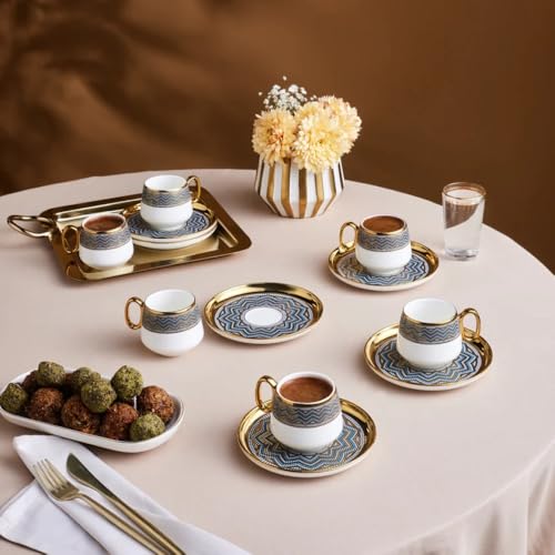 KARACA Suadiye Lot de 12 tasses à café turc et expresso en porcelaine pour 6 tasses à expresso et soucoupes Bleu et doré 90 ml