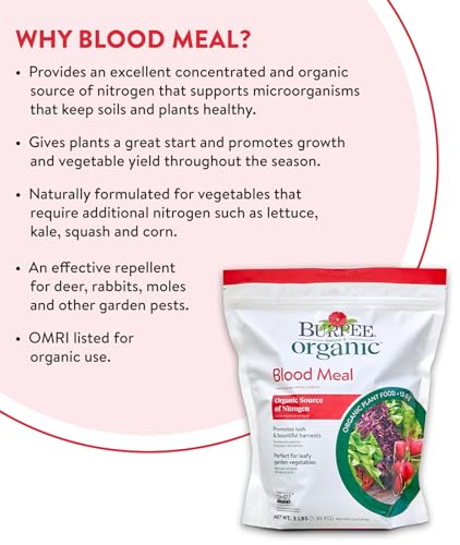 Burpee Organic Blood Meal Fertilizer | Add to Potting Soil | Excellent Natural Source of Nitrogen | for Tomatoes, Spinach, Broccoli, Leafy Greens | 3 lb, 1-Pack