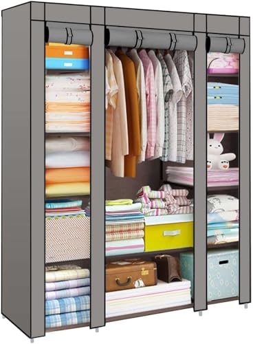 M.J COMFY-LIFE Fabric Wardrobe for Bedroom Large Canvas Clothes Storage Organizer with Hanging Rail & 6 Shelves - 126x43x165cm Dustproof Portable Closet for Bedroom Living Room & Dorm (grey)