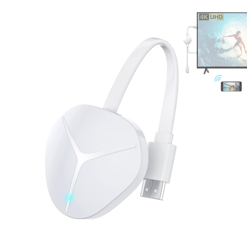 4K Wireless HDMI Display Dongle Adapter 1080P, WiFi Casting Movies, Shows Receiver for i-Phone, i-Pad, Android, Tablet, Laptop, Window to HDTV/Monitor/Projector, Compatible Miracast, Air Play, White