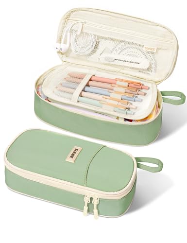 Image of SUNEE Cute Pencil Case, Large Pencil Pouch, Aesthetic Big Pencil Bag with Zipper, Kawaii Stationery Storage and Organizer, School Supplies for Boys and Girls Teen, Heavy Duty Oxford Canvas, Sage Green