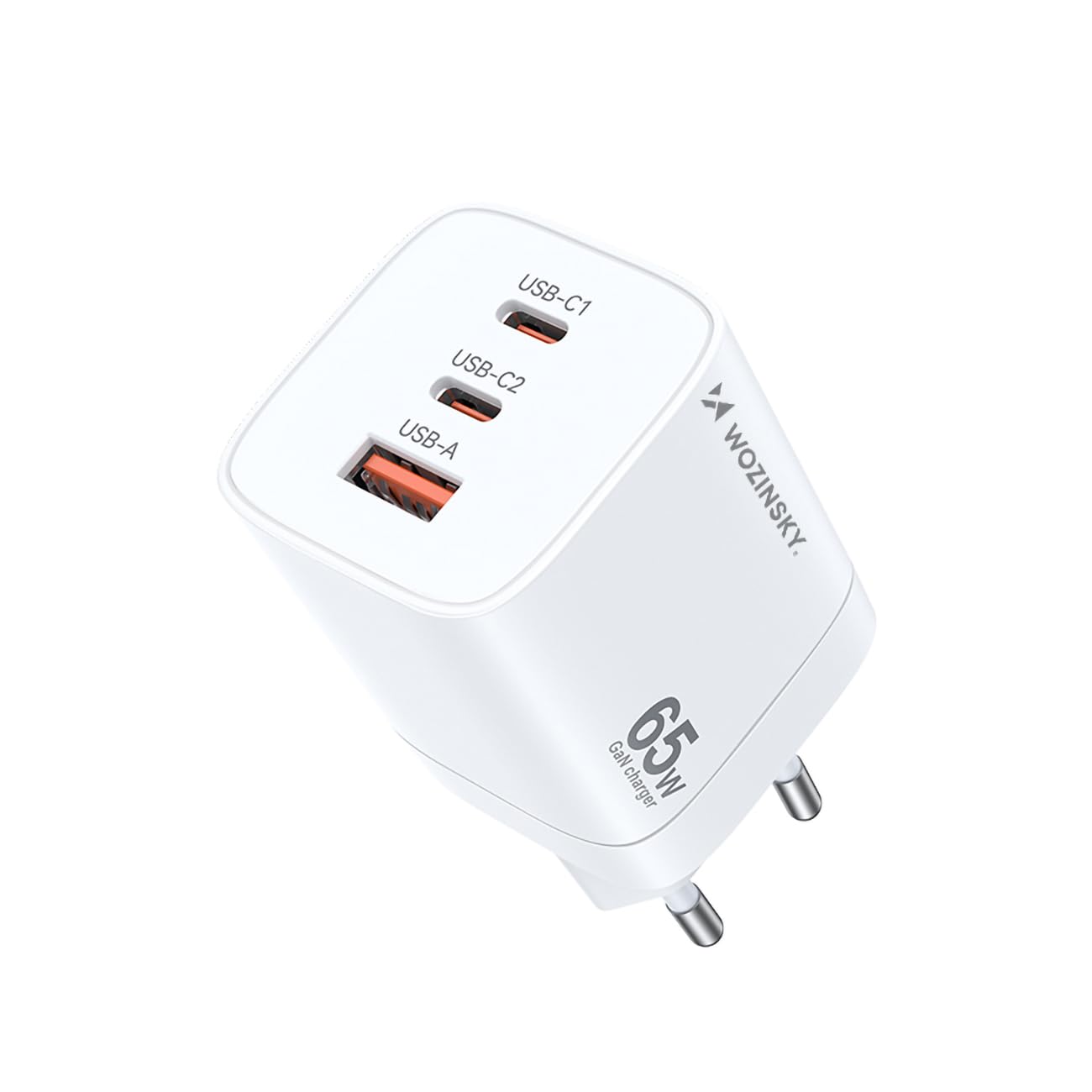 Wozinsky GaN szybka ładowarka 65 W – 1 x USB-A i 2X USB-C – kompaktowy adapter sieciowy – biała