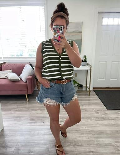 Image of Striped Sweater Vest Women Summer Sleeveless V Neck Button Up Knit Vests Tank Tops (Green-XL), X-Large