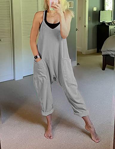 Omoone Loose V Neck Jumpsuits For Women Casual Sleeveless Spaghetti Straps Stretchy Overall Jumpsuit With Pockets (3888-Grey-M) #TOP5