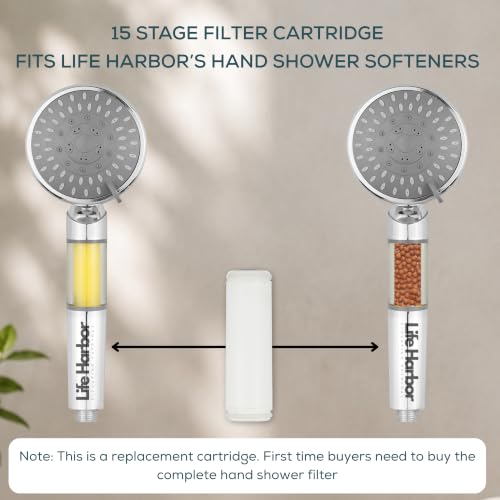 Image of Life Harbor Hand Shower Filter for Hard Water | 15 Stage Purifier | Shower Head Water Softener for Hair Fall, Dry Skin | 2X Active Filtration Media (Cartridge: 15 Stage)
