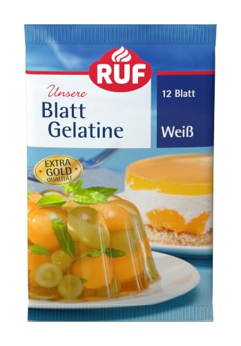 RUF Blatt Gelatine weiß, Speisegelatine zum Gelieren, Verdicken, Stabilisieren und Emulgieren, einfache Anwendung, glutenfrei, 12 Blätter, 20 g