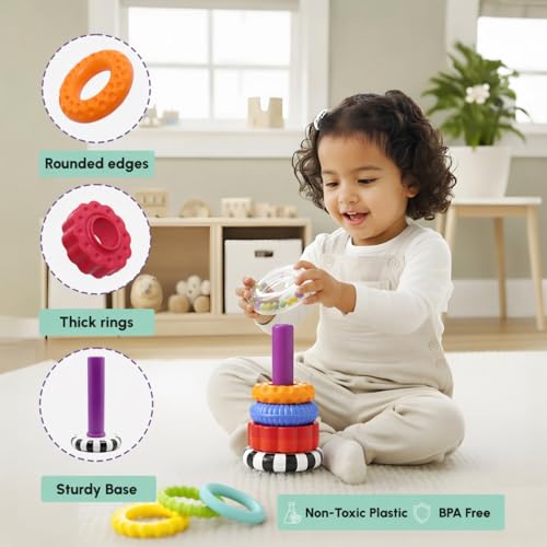 Image of Curious Cub Ring Stacker Baby Toy for 6+ Month Old Baby with Different Sensory Rings & Rattle | Stacking Montessori Learning Toy for Early Brain Development for Kids & Infants