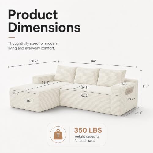 Image of 96 inch Boneless Couch, Modular L-Shaped Cloud Sectional Sofa, White