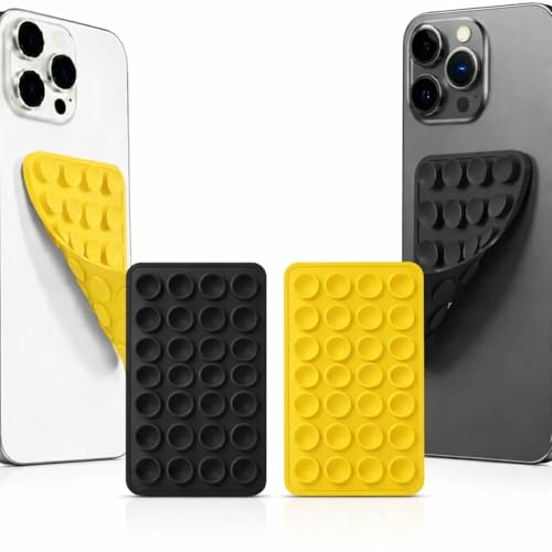 Image of GooseBox Suction Phone Case, Silicone Suction Phone Case for Hands-Free Mobile Accessory Holder Grip, Video Phone Accessory Compatible Mirror, Shower (Black & Yellow, Pack of 2)