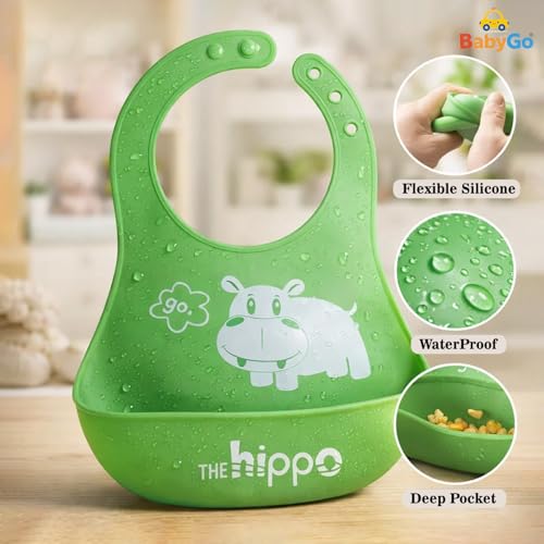 Image of BabyGo Silicone Baby Bib for Feeding & Weaning Infants & Toddlers |Waterproof, Washable & Reusable | Adjustable Neckline, Lightweight & Foldable Bib with Deep Food Catcher Pocket |Green (Pack of 1)