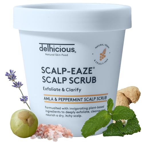 Delhicious Scalp-Eaze Scalp Scrub – Gentle Scalp Exfoliator & Cleanser for Dry, Itchy Scalp & Flakiness – Amla & Peppermint – Natural Ayurvedic Hair Care – Vegan Scalp Moisturiser Treatment – 175g