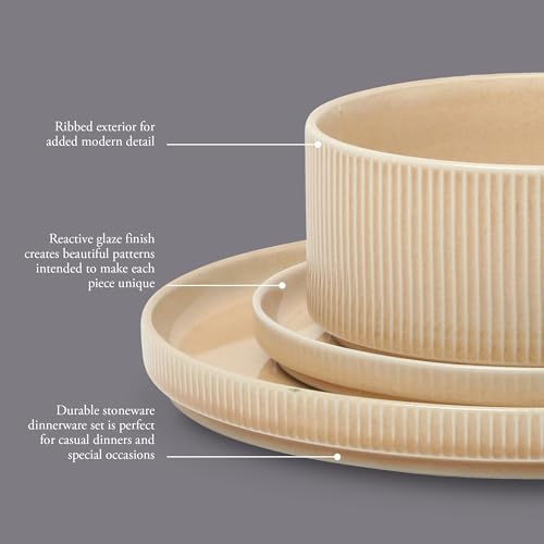 Image of Gibson Elite Solana Coast 12 Piece Stoneware Reactive Glaze (Service for 4) Ceramic Plates and Bowls Modern Shape Embossed Dinnerware Set - Terracotta Orange