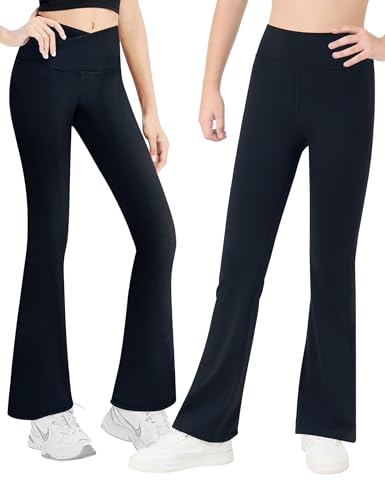 Girls V Cross Flare Leggings and Bootcut Pants Size 10-11 Years Old Solid Black Soft Stretch High Waisted Trousers