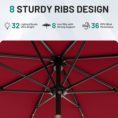 Image of AreShark 9FT Patio Umbrella with Solar Lights, 32 Lighted Pool Umbrella w /Tilt and Crank, Outdoor Market Solar Umbrellas for Garden, Deck, Backyard, Pool and Beach, Dark Red