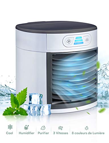Homitt Refroidisseur d'Air, Mini Climatiseur Portable 4 en 1, Ventilateur USB 3 Vitesses, Climatiseur Portable avec Réservoir d'eau, 8 Veilleuse pour Bureau, Chambre