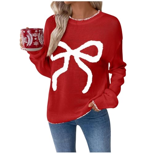Women Bow Sweater Casual Crew Neck Long Sleeve Pullover Sweaters y2k Lightweight Knitted Jumper Tops Winter Clothing Red Womens Clothes L