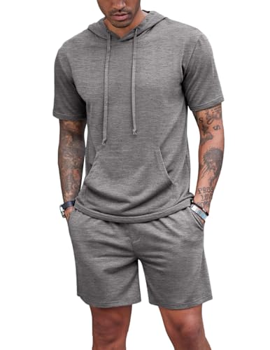 QUNERY Conjunto Hombre Verano Hombre Chándales 2 Piezas Camiseta Deportecon Capucha y Short con Bolsillos para Fútbol Baloncesto Tenis Jogging Gris Oscuro XL