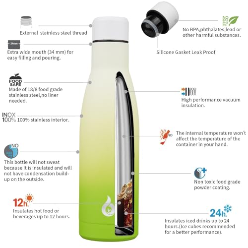 Image of BJPKPK Insulated Water Bottle 17oz Stainless Steel Water Bottles Dishwasher Safe Reusable Metal Thermal Keep Cold and Hot,Elegant Green