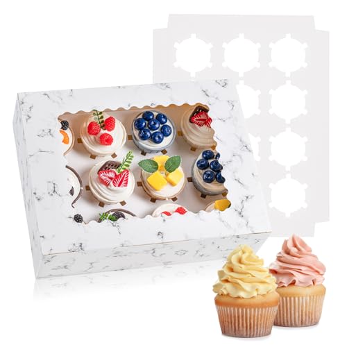 Image of Hoewina 12PCS Cupcake Boxes - Hold 12 Count Cupcake Containers with Window, Food Grade Cupcake Holder Easy Transport and Presentation - Ideal for Cupcakes, Desserts, and More (Marble pattern)