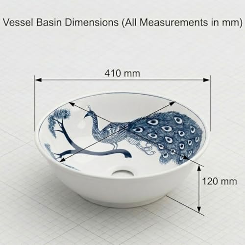 Image of BASSINO 16x16x5 Inches Table Top Washbasin /Premium White-Blue Ceramic Wash Basin /Designer Basin for Bathroom,Home,Hotel /Round Shape Sink with Peacock Design /Wash Basin for Living Room(Glossy)