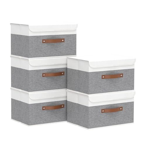 Yawinhe Collapsible Storage Bin, Cube Organizer Basket, Fabric Box with Lids, Washable and Leather Handle, for Home, Closet, White/Grey, 13.0”Lx9.0”Wx7.9”H, 5-Pack, SNK024WGS-5