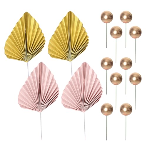 4 piezas de decoración de pastel de hoja de palma, 10 bolas de pastel doradas, abanico plegable, bandera de hoja de palma, decoración de tartas, decoración de tartas de cumpleaños, fiesta de boda
