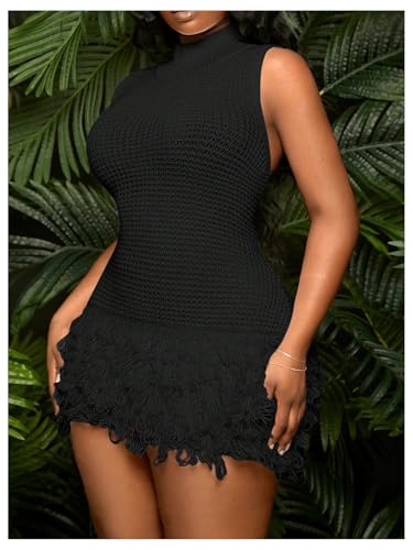 SOLY HUX Women's Plus Size Fringe Trim Mini Dress Knit Sleeveless Mock Neck Beach Vacation Bodycon Dresses3
