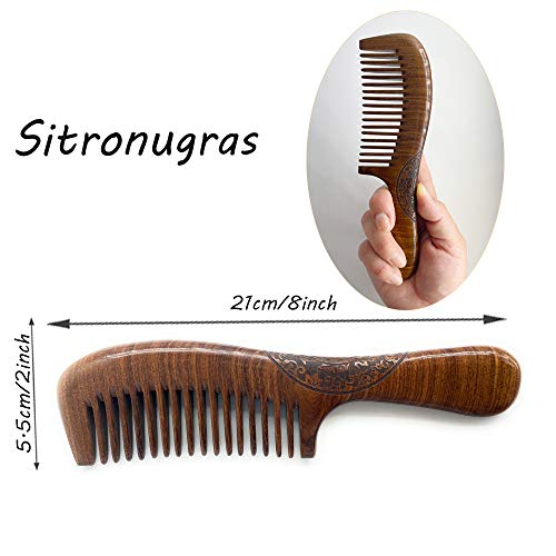 Sitronugras Wooden Comb Natural Handmade Comb, Fine Tooth Sandalwood Comb For Wavy Hair,Thick Hair, Thin Hair, Straight Hair, No Static No Snag Reduce Tangle Combs For Men Women Kids,Wooden Hair Comb With Handle (Auspicious Carve Patterns) #TOP2