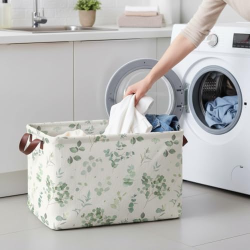 AmazerPad Sage Green Storage Basket Waterproof Canvas Toy Storage Bin Home Decor Collapsible Outdoor Basket with Leather Handles Sage Green Blanket Baskets For Closets,Bedrooms,Gifts Baskets by AmazerPad - Used condition - Image 6
