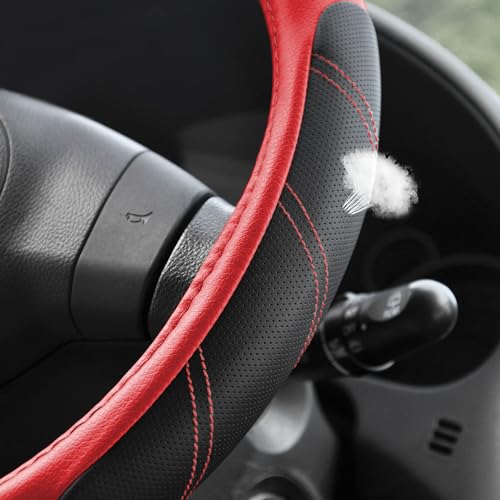 Image of Elantrip Leather Steering Wheel Cover 14 1 /2 to 15 inch Universal Padded Soft Grip Breathable for Car Truck SUV Jeep Anti Slip Black and Red