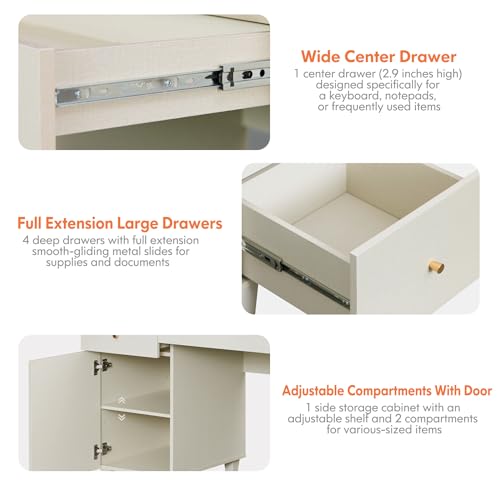 Image of WAMPAT Desk with Drawers & Storage Cabinet, 58 Inch Beige Wood Desk with Charging Station, Modern Home Office Large Wooden Executive Computer Desk, Vanity Desk for Bedroom