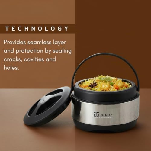 Image of Trendz 1000ml (1 Litre) Stainless Steel Insulated Casserole with Double Wall PUF Insulation | Advanced PUF Thermal Insulation for Long-Lasting Heat | Airtight Leak-Resistant Lid | Food Grade Steel Food Server (Silver) Heavy-Duty Durable Steel Body