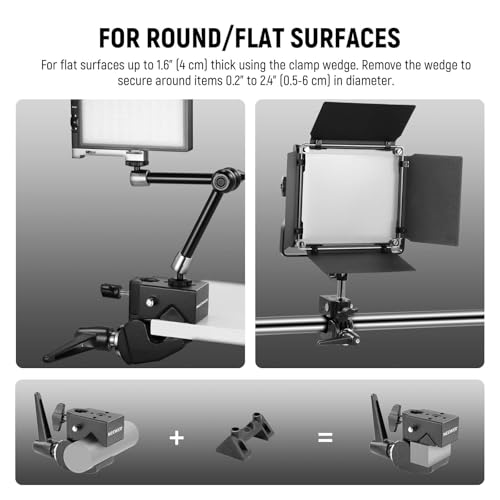 Image of NEEWER Heavy Duty Super Clamp Max Load 33lb /15kg, 2.4 inch Jaw Grip Crab Clamp Mount for Round Pole Flat Surface with 5 /8 inch Stud /Spring Lock /Cleaning Cloth for Photography Studio Camera Lighting, UA017