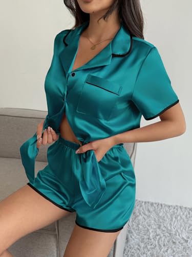 Image of Ekouaer Womens Satin Pajamas Set 2 piece Silky Buttton Down Short Pjs | Silk Notch Collar Top and Soft Shorts Lounge Set for Sleep, Daily Wear, Home, Wedding, Party