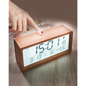 GooDay Smart Digital Alarm Clock, Back Light, Snooze Function, Indoor Temperature Humidity, Large LCD Screen Display Time Date Week, Battery Operated – Wood