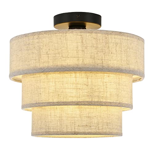 Xininsun Semi Flush Mount Ceiling Light Fixture,3-Tier Drum Linen Ceiling Light Fixture,Modern Close To Ceiling Light For Living Room Bedroom Kitchen Hallway...(Brown)-1 Pack #TOP15