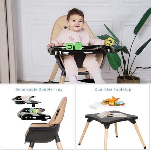 Image of 6 in 1 High Chair for Babies & Toddlers, Convertible Wooden Baby Highchair, Table and Chair Set, Baby Feeding Chair, 5-Point Adjustable Harness /4-Position Removable Tray& PU Seat Cushion (Black)