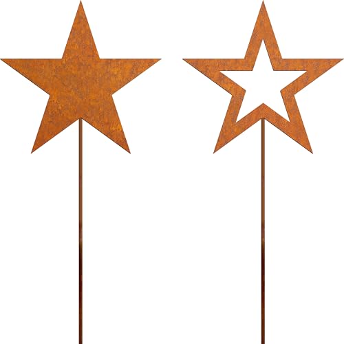 JYUECIAN 2er Set Stern Rost Gartenstecker Weihnachtsdeko, Edelrost Gartendeko Weihnachten Advent Rost Deko für Garten