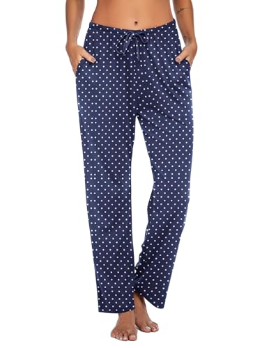 Image of Ekouaer Women Pajama Pants Comfy Pj Bottom with Pockets Stretch Plaid Sleepwear Polka Dots-Blue Large