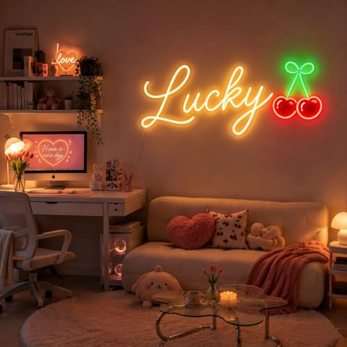 Image of Custom Name with Cherry Neon Sign for Wall Decor Personalized LED Neon Light Sign for Wall Art Nursery Girl Bedroom Birthday Party Christmas Kid's Gift