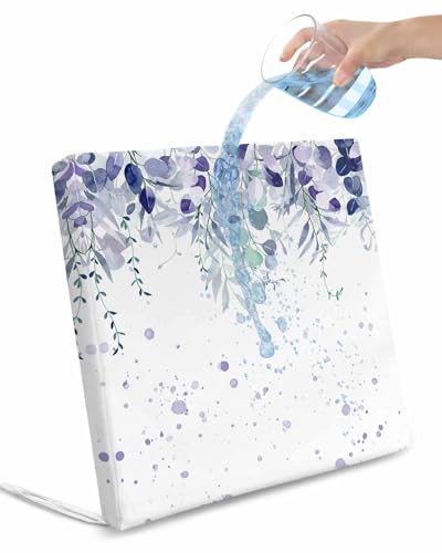 4 Pack Indoor/Outdoor Seat Cushion Cover, Purple Eucalyptus Leaf Cushion Seat Cover Waterproof Chair Cushion Slipcovers Pad with Ties for Patio Garden Watercolor Plant Floral Leaves Spring 20Lx18W