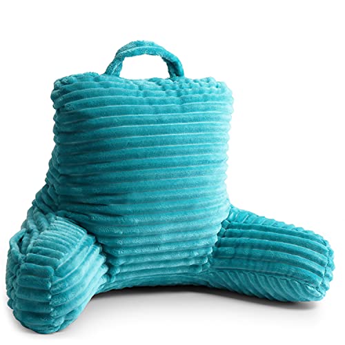 Clara Clark Cut Plush Striped Reading Pillow For Kids & Teens, Medium Back Pillow, Back Support Pillow, Shredded Memory Foam Bed Rest Pillow With Arms, Teal #TOP1