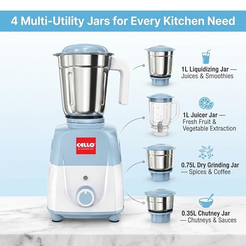 Image of CELLO Unitech 600W Mixer Grinder with Juicer Jar | 4 Jars | Copper Motor | 3 Speed Control | Stainless Steel Blades | Mixer, Grinder & Juicer for Juices