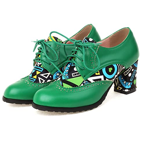 SaraIris Sapato feminino confortável de couro sintético com salto bloco, cadarço Oxfords vintage bro