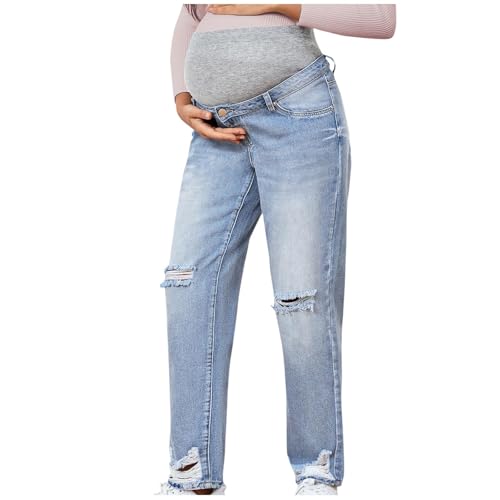 HGps8w Women's Ripped Maternity Jeans Over Belly Stretchy Straight Leg