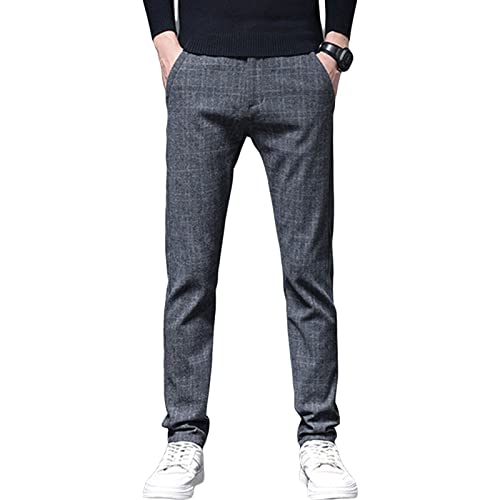 Men's Stretch Mini Plaid Trousers Pants Slim Fit Flat Front Dress Pant Stretch Skinny Business Casual Trousers (32,Grey)